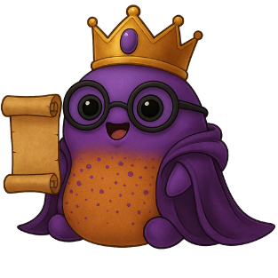 A cheerful, round purple Blorb with glasses and a gold crown, holding a majestic scroll in one hand. This crowned character, known as the Themperor, smiles with encouragement as part of the Chaos Codex's premium features section.